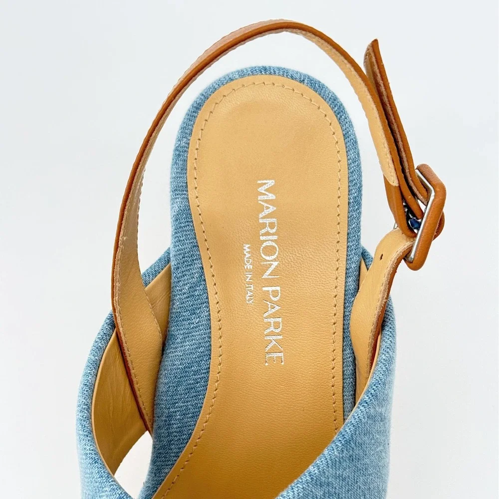 Marion Parke Maren Wedge Sandal Blue Denim Caramel Leather Cork IT 38 US 8